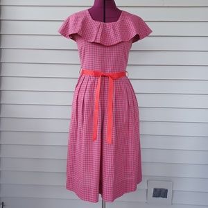 Vintage 50s Red Grey Check Sleeveless Shawl Collar Pockets Summer A Line Dress